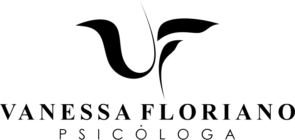 Logotipo de Vanessa Floriano Psicóloga, com iniciais estilizadas "VF" e o símbolo da psicologia, em tons escuros sobre fundo creme.